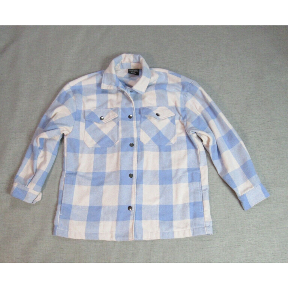 HFX Shirt Jacket Womens Small Blue Cream Plaid Flannel Snap Shacket Cabincore